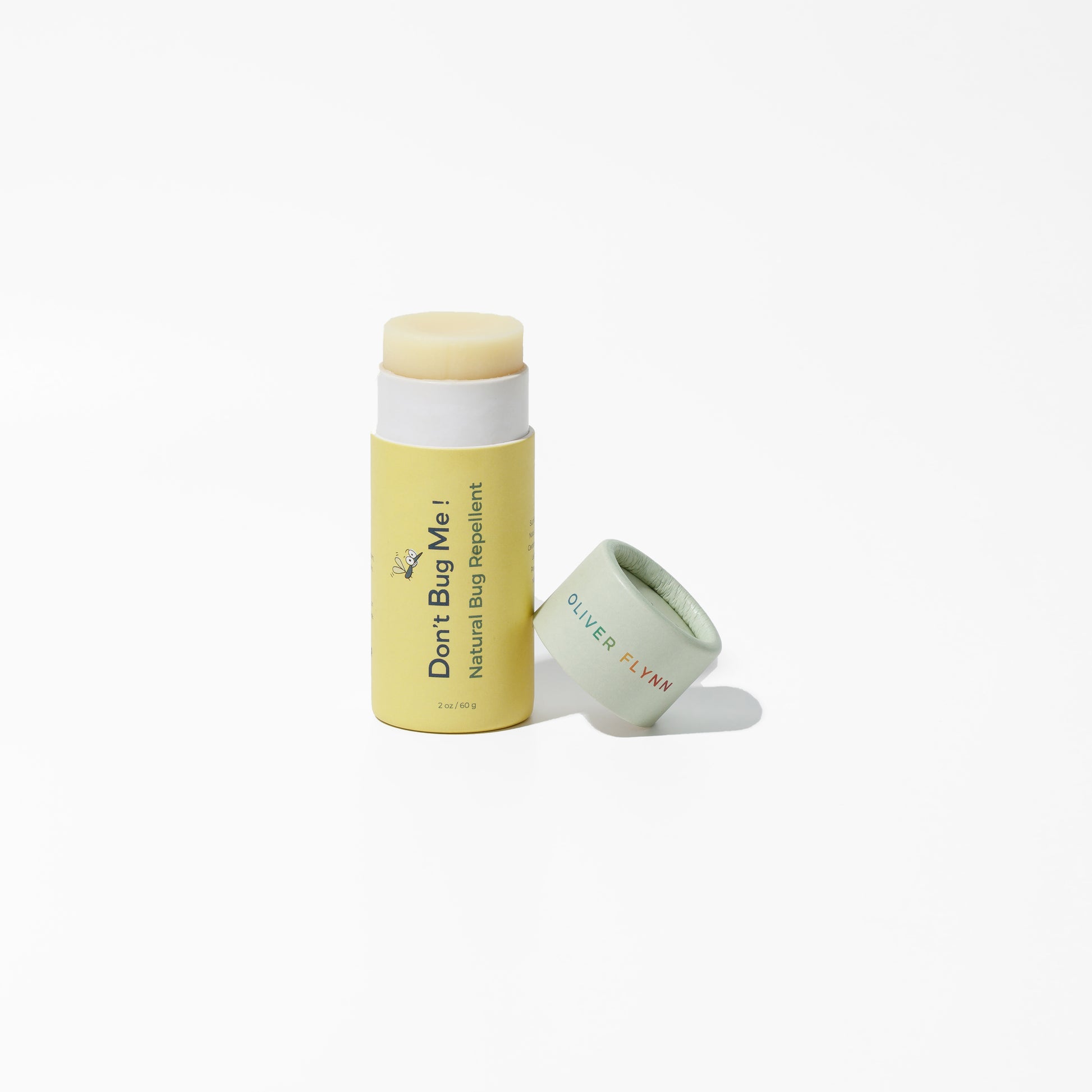 Oliver Flynn Don’t Bug Me DEET-free mosquito repellent balm with citronella, lemongrass, shea butter, and beeswax for children and families.