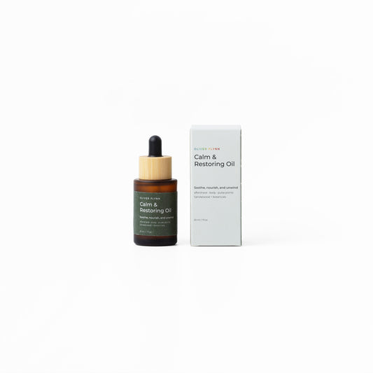 Oliver Flynn Calming Sandalwood Body Oil with lightweight botanical oils and a warm, woodsy Australian sandalwood scent.