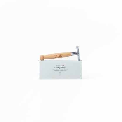 Oliver Flynn reusable bamboo safety razor with ten double-edge stainless steel blades for a smooth, low-waste shave.