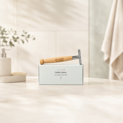 Oliver Flynn reusable bamboo safety razor with ten double-edge stainless steel blades for a smooth, low-waste shave.