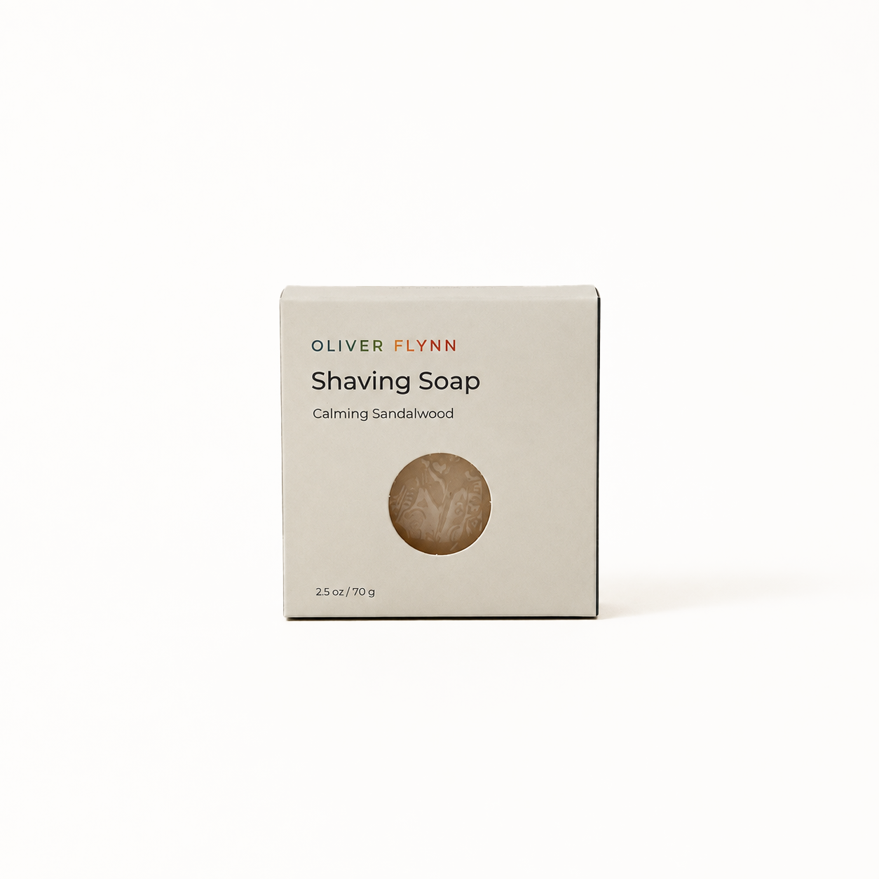 Oliver Flynn Calming Sandalwood Shaving Soap with a rich, easy-to-build lather for a gentle, smooth shave that leaves skin feeling clean and refreshed.